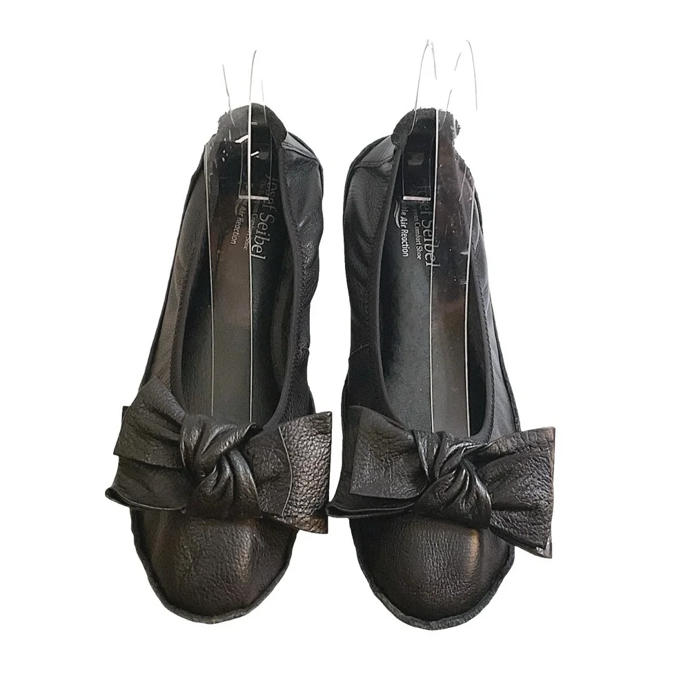 Josef Seibel Josie-03 Black Leather Ballet Flats Bow Comfort Shoes EU 37 US 6.5